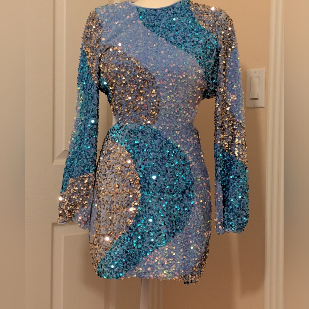 Sequin Embellished Blue and Gold Dress